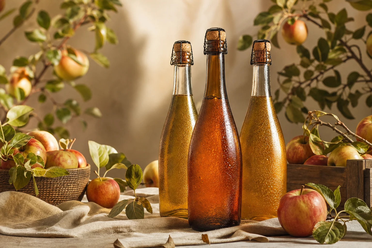 Bouteilles de cidres artisanaux avec pommes et toile de lin.
