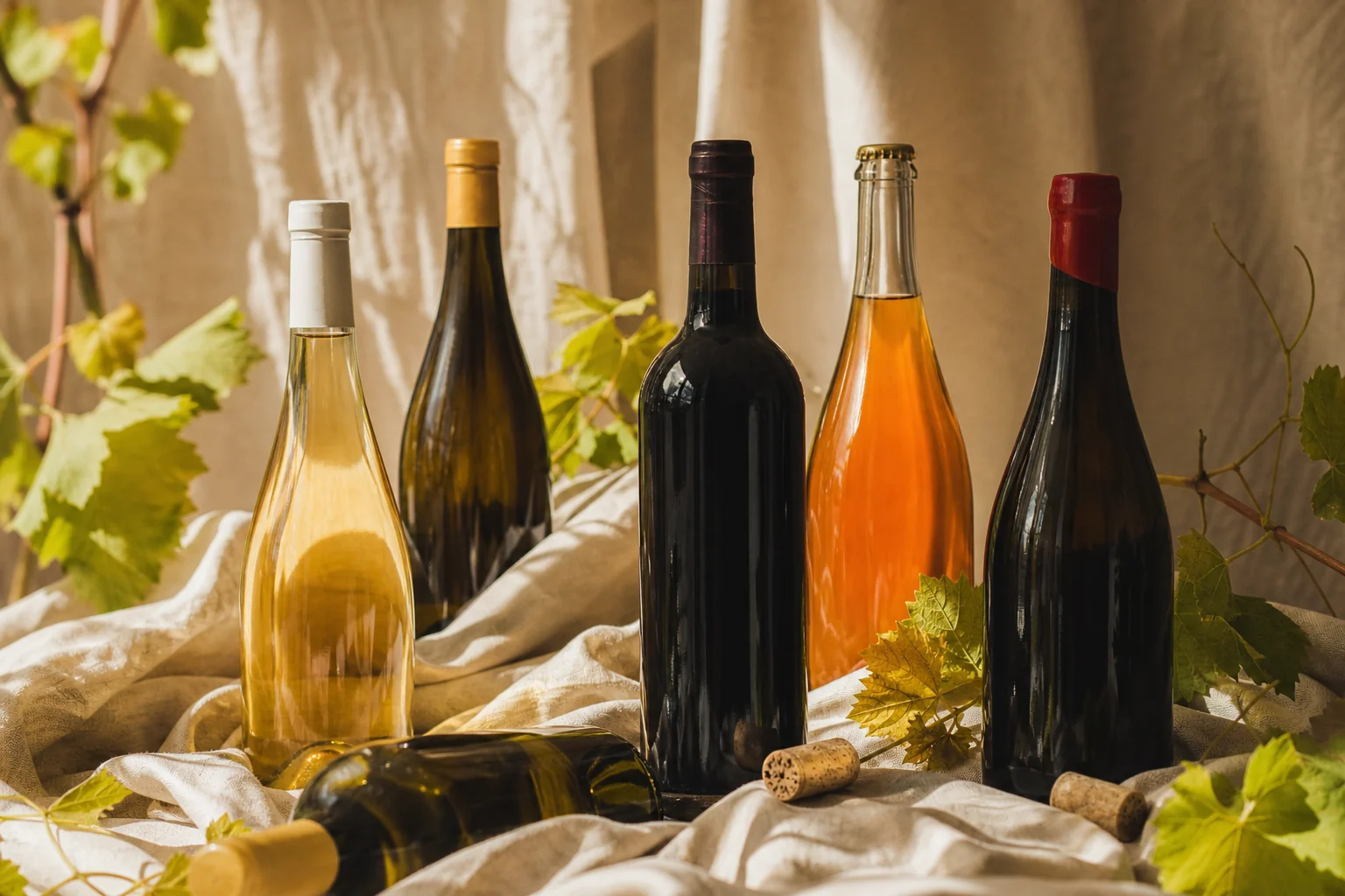 Assortiment de bouteilles de vins sur un fond crème, lumière naturelle.
